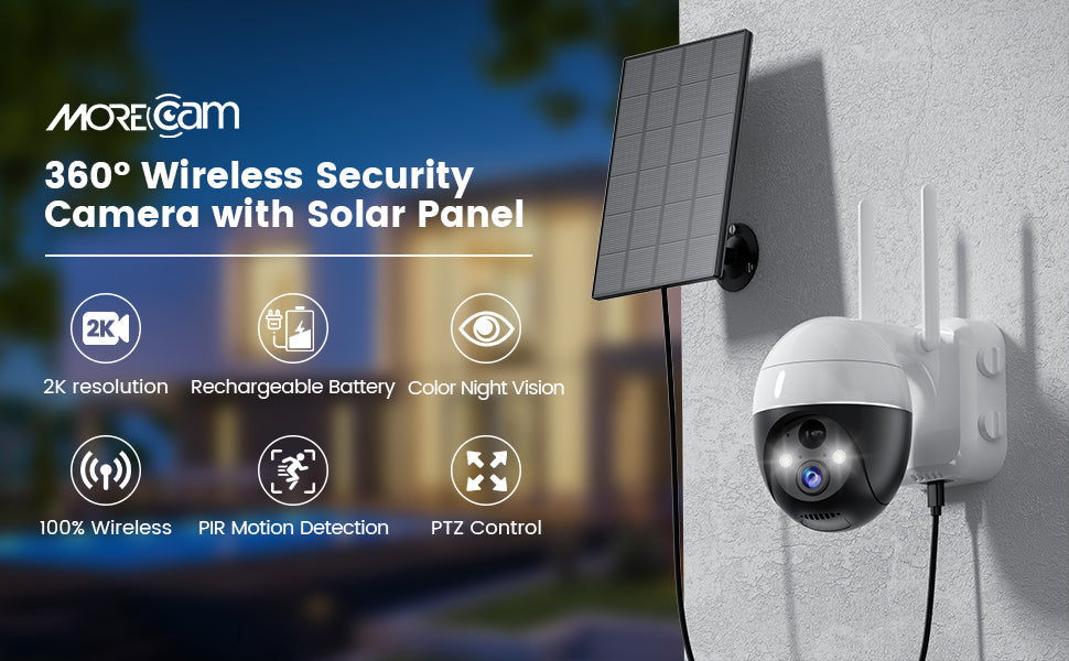 GX1S Solar Security Camera Outdoor, 2K Color Night Vision, 2.4Ghz WiFi 360° PTZ Camera, Battery Powered Camera for Home Security, PIR Human Detect with Spotlight, 2-Way Talk, IP66, SD/Cloud